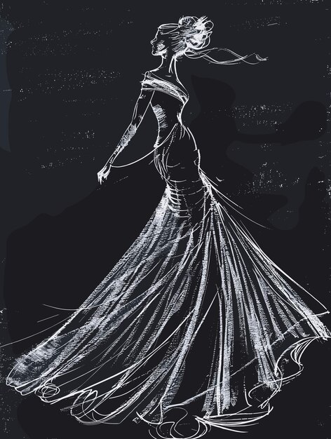 Vector sketch of a beautiful girl in a long dress on a dark background