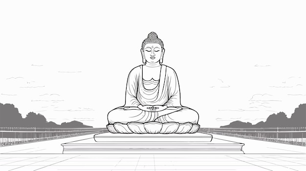 Vector a sketch of a buddha statue with a mountain in the background