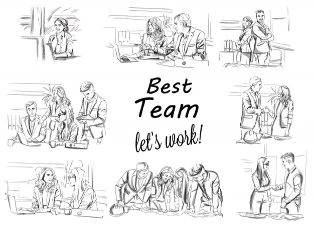 Vector sketch of business team working collection