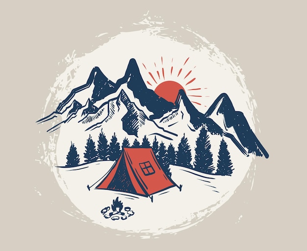 Sketch Camping in nature set Mountain landscape vector illustrations