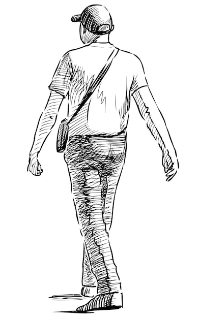 Sketch of casual city man walking outdoors on summer day