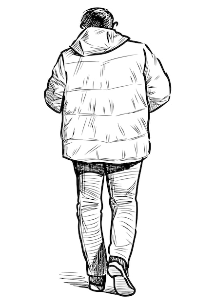 Sketch of casual townsman in jacket walking down street