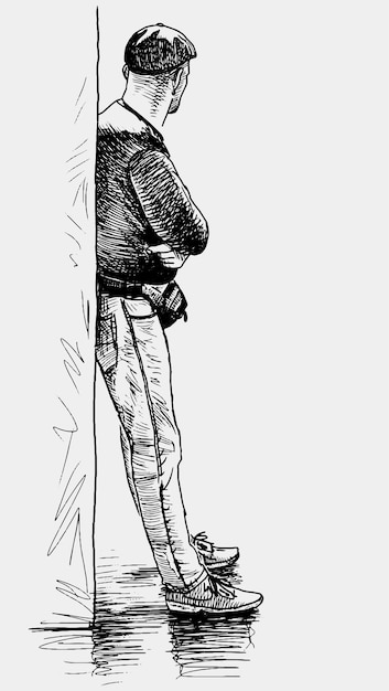 Sketch of casual urban man leaning against wall waiting and looking away