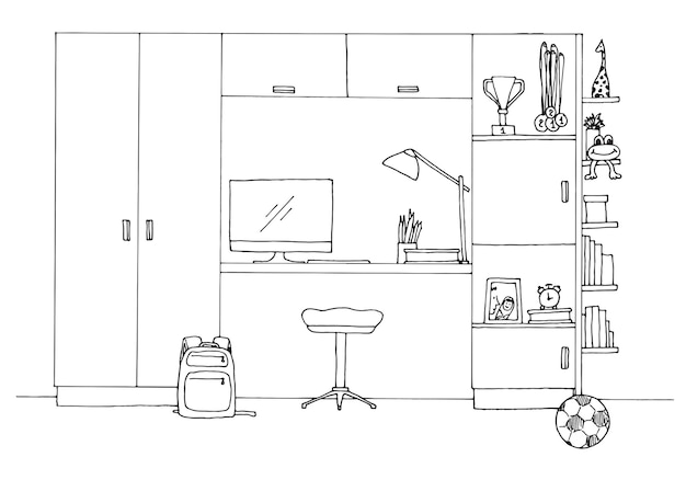 Sketch of a children's room Teenager's room Vector illustratio