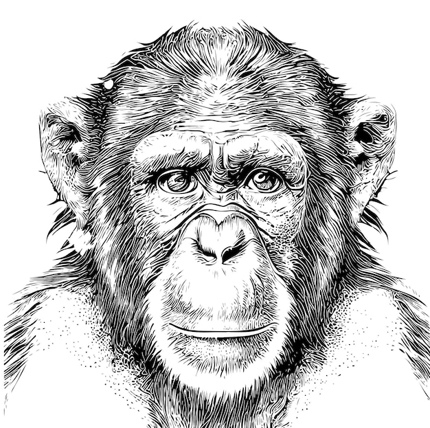 A sketch of a chimpanzee with a black and white ink.