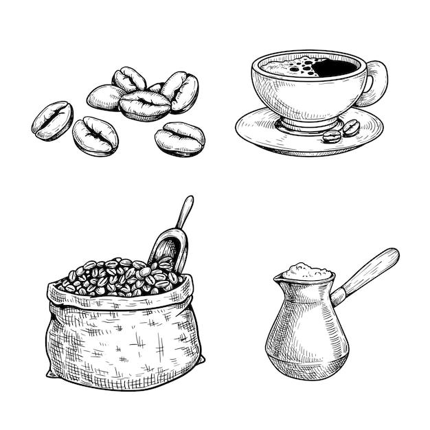 Sketch coffee set. Coffee beans and bag with spoon, cup of coffee, turkish coffee maker cezve. Hand drawn illustrations. Isolated