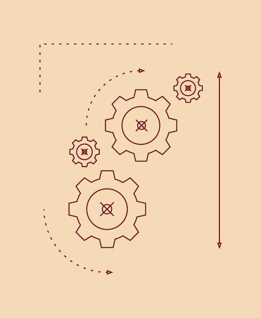 Sketch of cogwheel engineering drawings and vintage brown beige card flat vector illustration