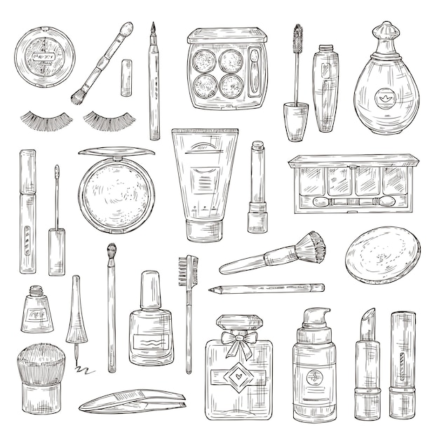 Sketch cosmetics. False eyelashes, lipstick and perfume, powder and makeup brush, and nail polish, foundation and tweezers doodle vector set. Makeup beauty lipstick, illustration of powder and perfume