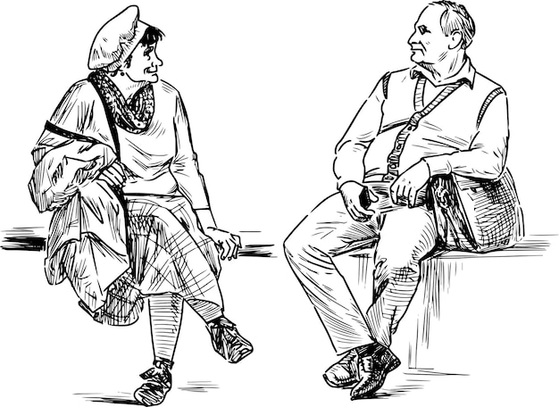 Sketch of couple elderly spouses sitting on park bench and looking at each other