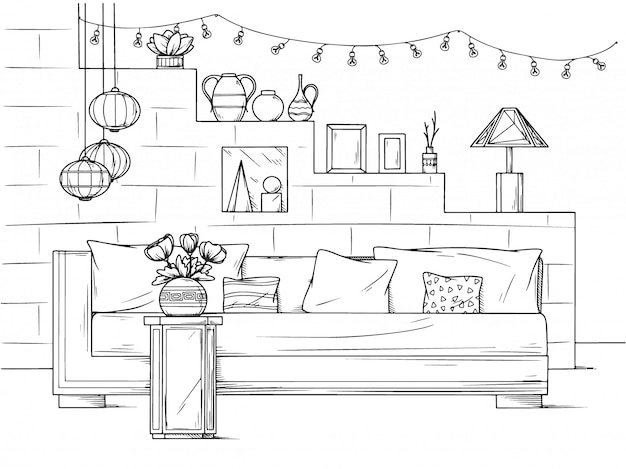 Sketch a cozy living room in boho style. Sofa, table and various decor elements.   illustration