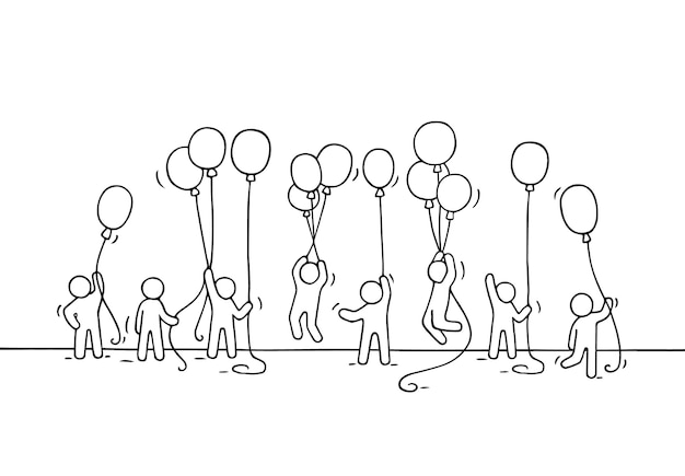 Sketch of crowd little people. Doodle cute miniature scene of workers with balloons. Hand drawn cartoon for business and celebration design.