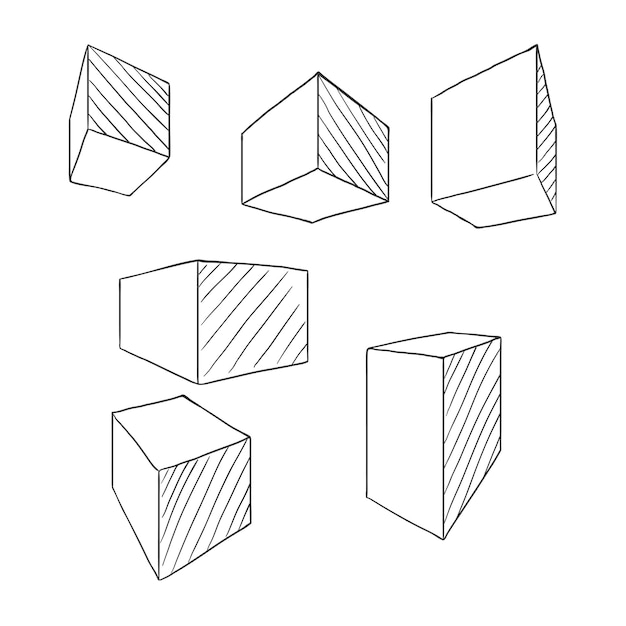 Sketch Cubes and Parallelepipeds Vector Outline Set of Perspective Drawing of Geometric Shapes