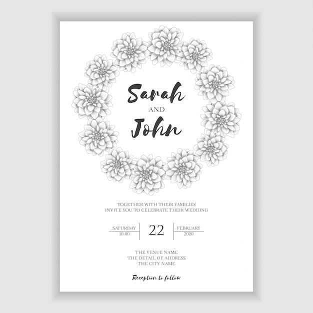 Sketch dahlia floral wedding invitation template