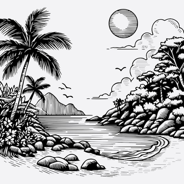 Vector sketch design for an illustration of an exotic beach scene