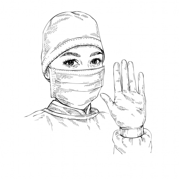 Sketch Doctor showing gesture Stop Infection. Woman wearing medical face mask and cap. Hand drawn portrait of young female doctor.