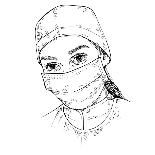 Sketch Doctor wearing medical face mask and cap. Hand drawn portrait of young female doctor.