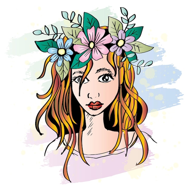 Sketch drawing beautiful young woman with flower wreath in her hair