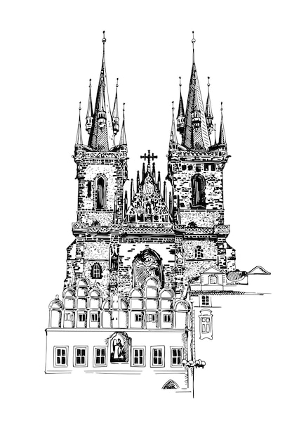 Sketch drawing of Church Our Lady before Tyn in Prague