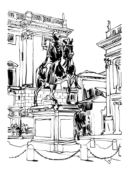 sketch drawing of Rome Italy cityscape with sculpture equestrian statue and historical building