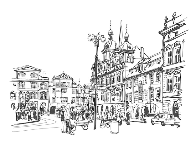 Sketch drawing traveling European old city street Prague Czech