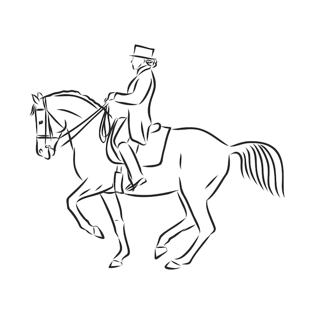 A sketch of a dressage rider on a horse executing the half pass.