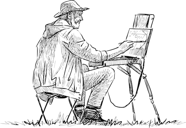 Sketch of elderly artist painting in open air