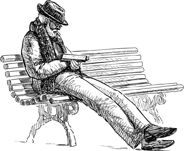 Vector sketch of elderly bearded man in hat sitting and reading book on park bench