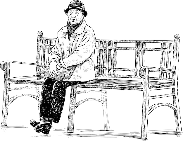 Sketch of elderly townswoman in hat sitting on park bench