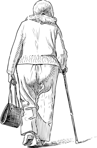 A sketch of an elderly woman going on a walk