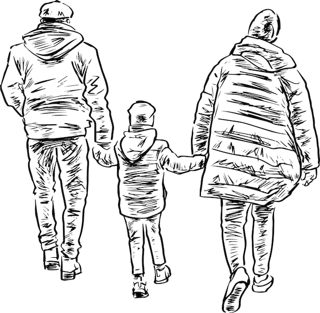 Sketch of family townspeople walking outdoors together