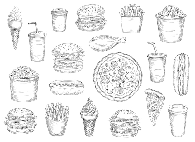 Sketch fast food meals isolated vector icons