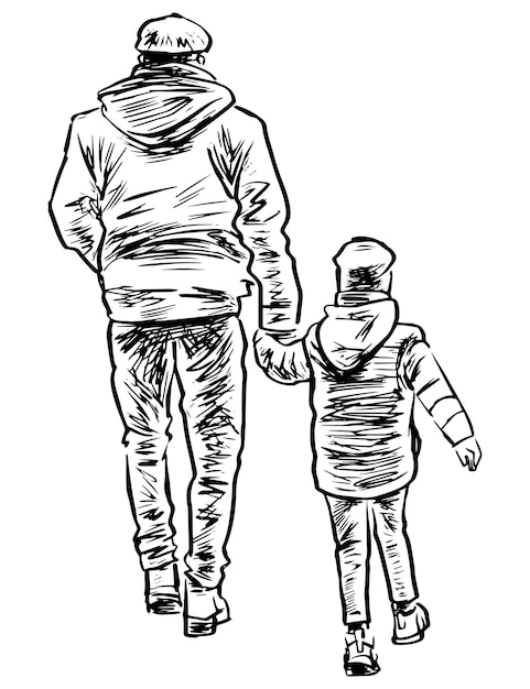 Sketch of father with his child walking for a stroll