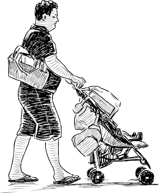 Sketch of a father with his kid in baby carriage going for a stroll