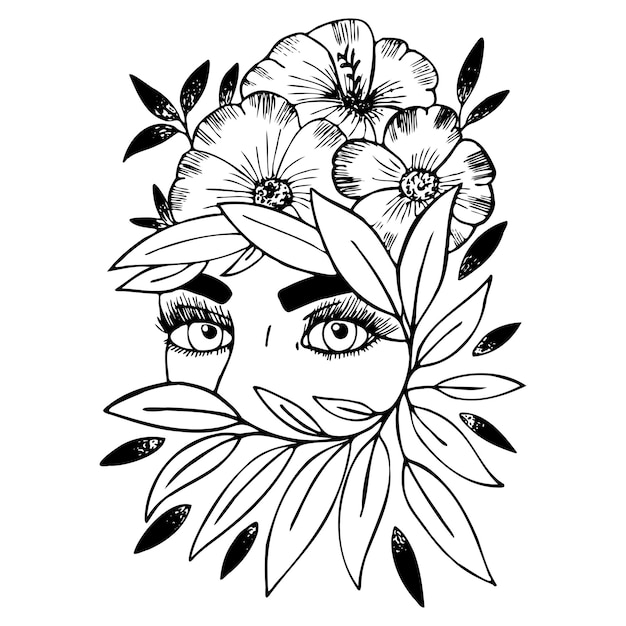 Sketch of a female face with flowers Black and white sketch EPS 10