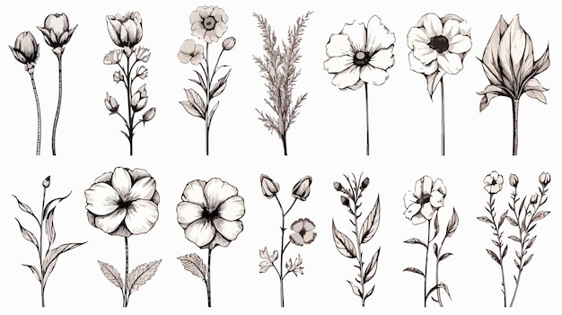 Vector sketch floral botany collection flower drawings