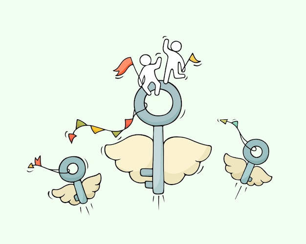 Sketch of flying keys with little workers. Doodle cute miniature about business idea. Hand drawn cartoon illustration for business and security design.