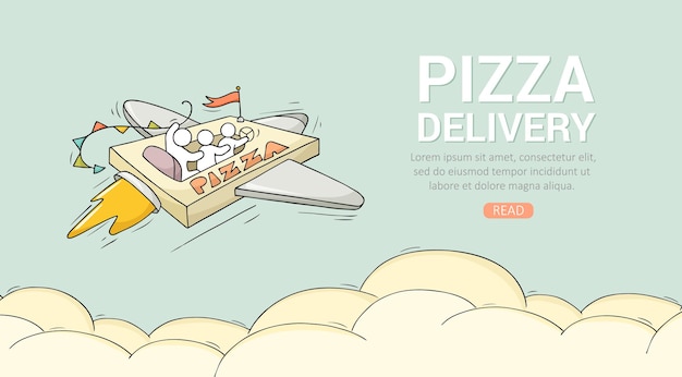 Sketch flying little people on pizza