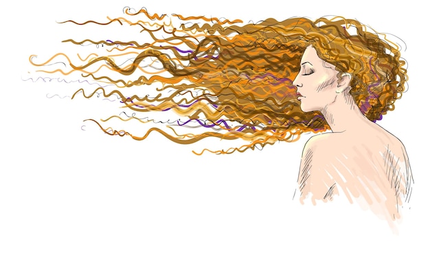 Vector sketch of a ginger haired woman with her hair blown by the wind