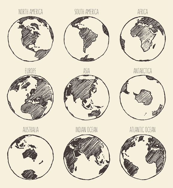 Sketch of globe. South America, North America, Africa, Europe,Asia, Antarctica, Australia