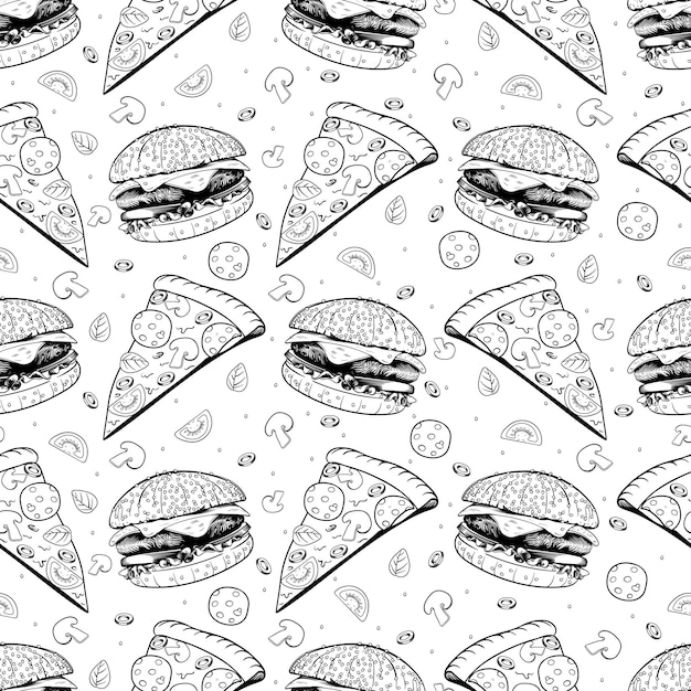 Sketch Hamburger and pizza seamless pattern