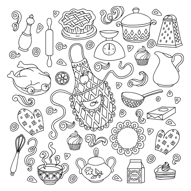 Sketch hand drawn Doodle cartoon set of objects and symbols on the kitchen theme