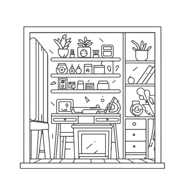 Sketch Hand drawn single line art coloring page Bad room Day