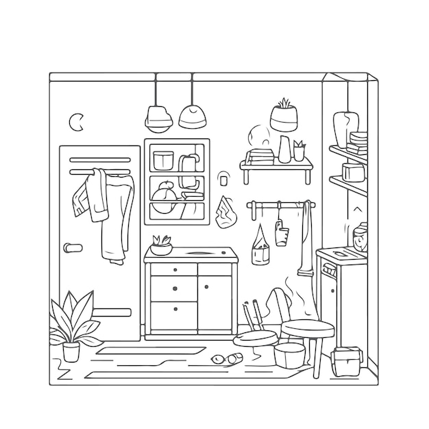 Sketch Hand drawn single line art coloring page Bad Room Day