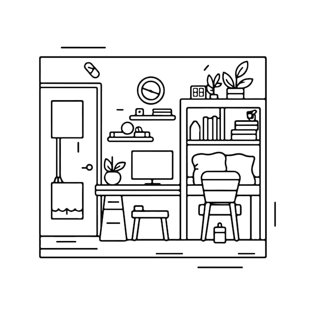 Sketch Hand drawn single line art coloring page bad room