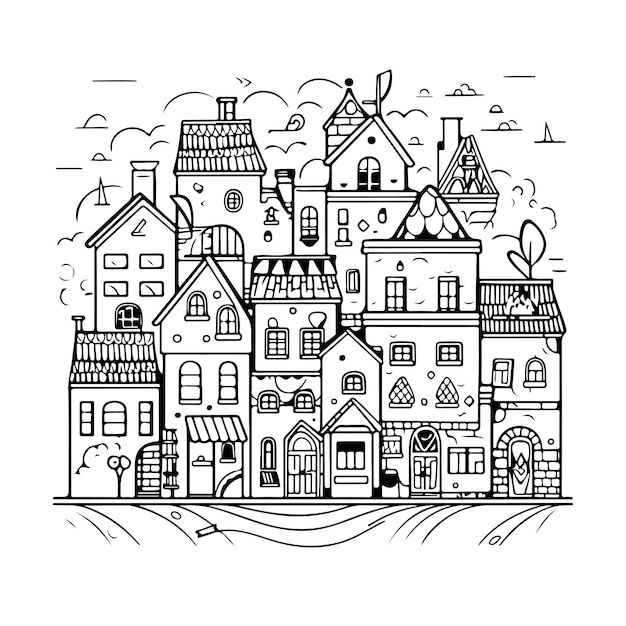 Sketch Hand drawn single line art coloring page City Day