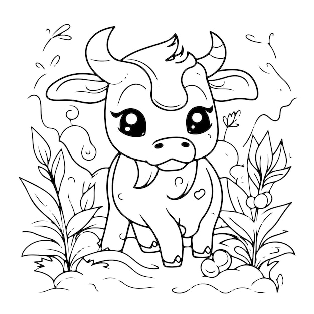 Vector sketch hand drawn single line art coloring page line drawing cow day