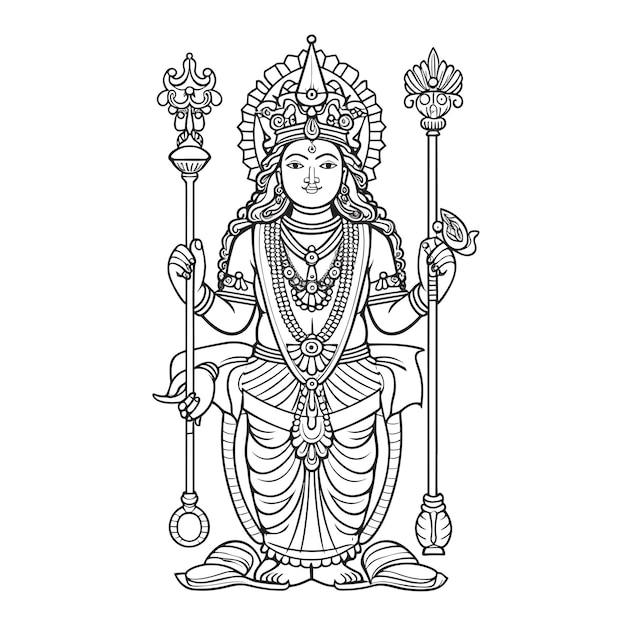 Vector sketch hand drawn single line art coloring page line drawing lord murugan day