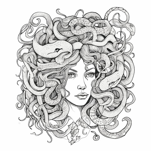 Vector sketch hand drawn single line art coloring page line drawing medusa day