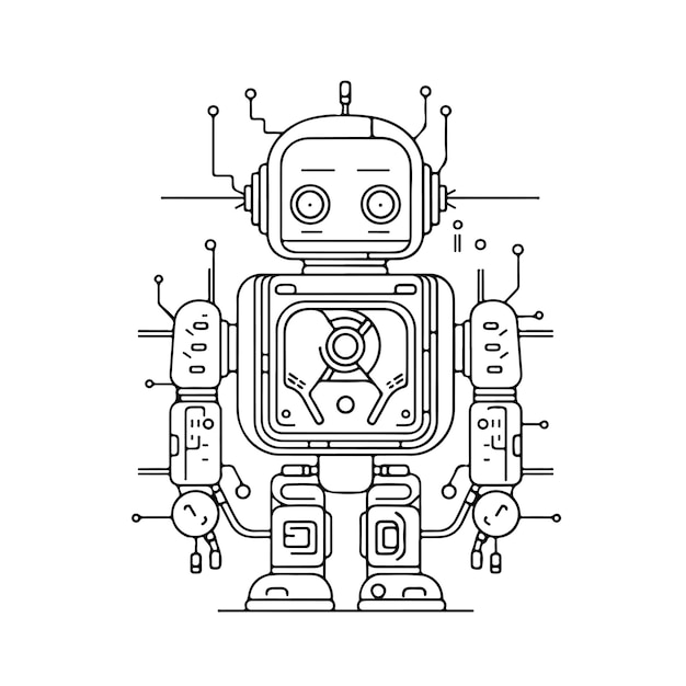 Sketch Hand drawn single line art coloring page robot day