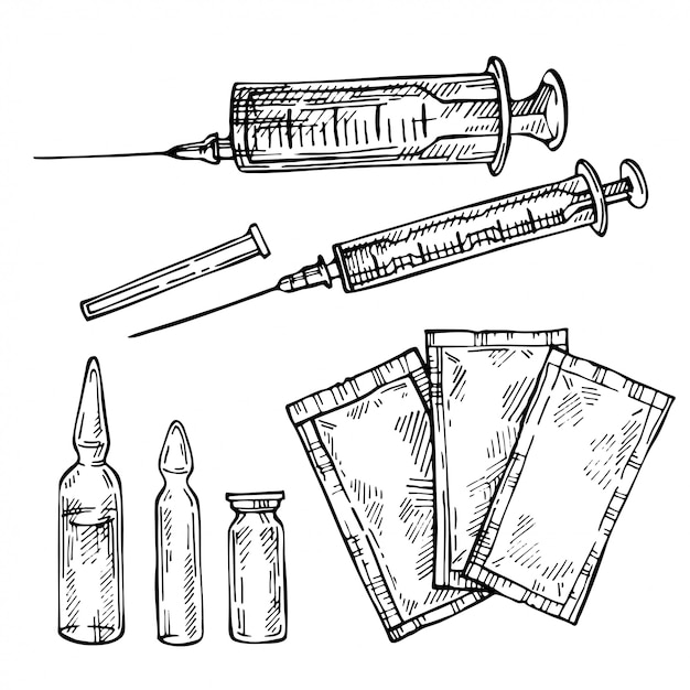 Sketch hand drawn syringe, ampoule, and sachet medicine. Syringe, vaccine, injection.